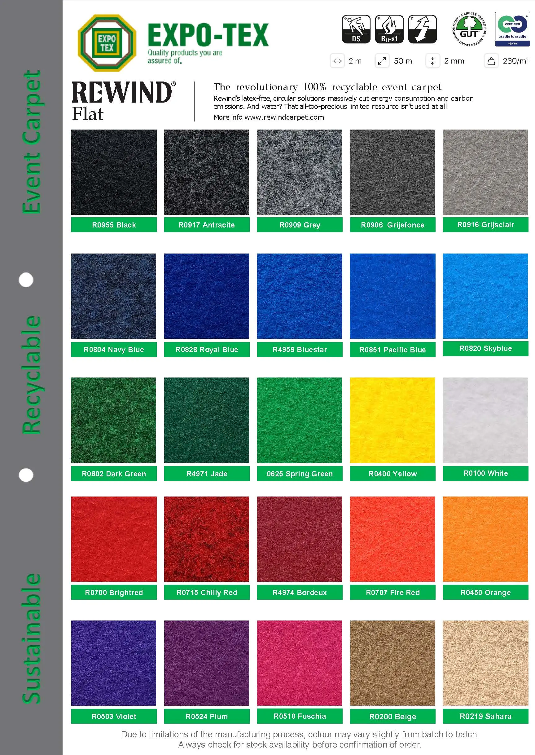 Exhibition carpet, Rewind carpet, Rewind Flat, Recyle carpet, expo carpet, event carpet, p-pet, tentage carpet, atrium carpet, protection carpet, velour carpet